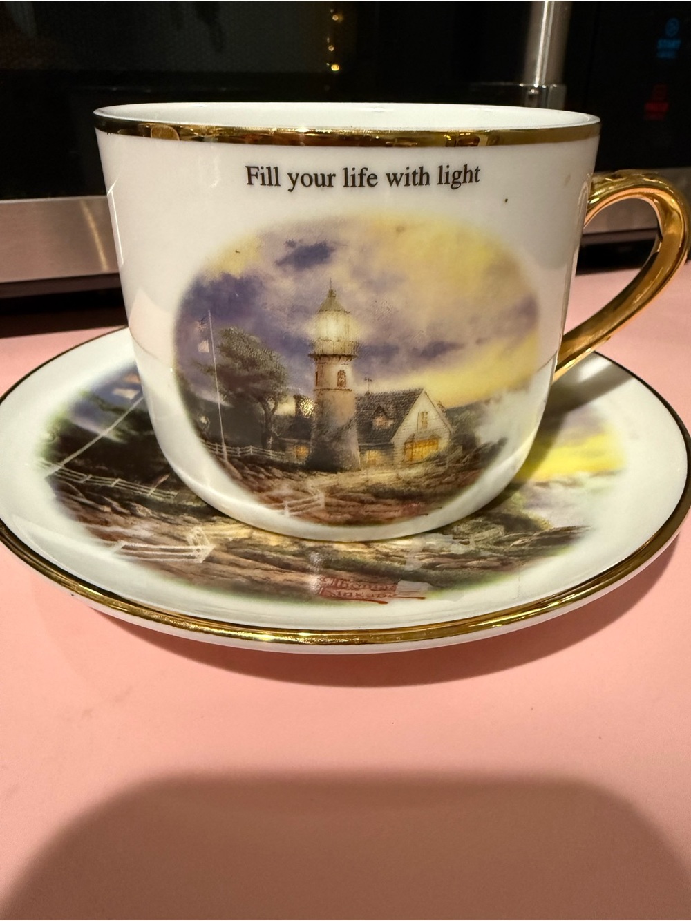 Thomas Kinkade Porcelain Lighthouse Teacup and Saucer with Gold Trim - White